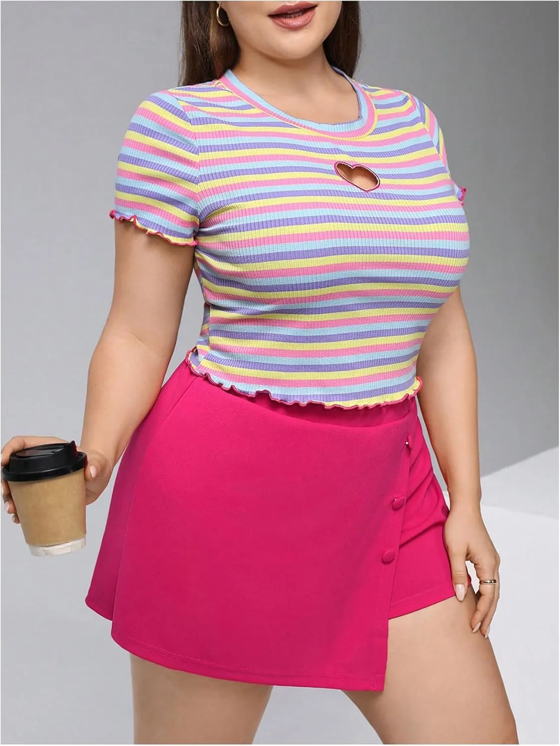Floerns Women's Plus Size 2 Piece Outfits Striped Short Sleeve Tee with Asymmetrical Hem Mini Skort