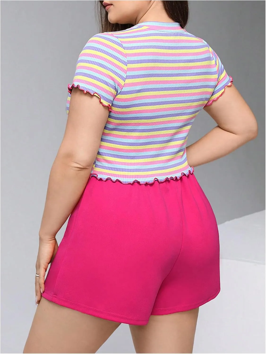 Floerns Women's Plus Size 2 Piece Outfits Striped Short Sleeve Tee with Asymmetrical Hem Mini Skort