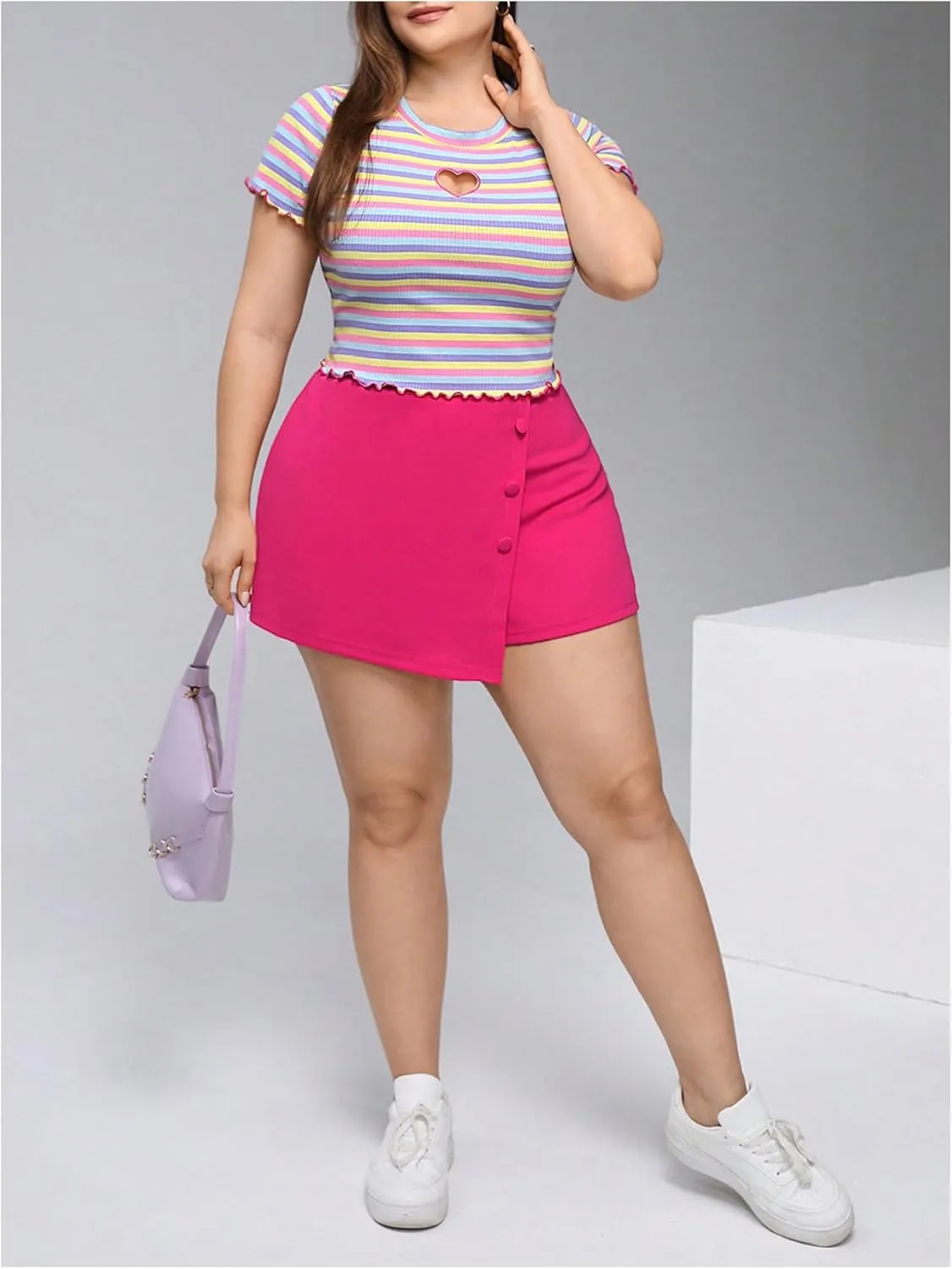 Floerns Women's Plus Size 2 Piece Outfits Striped Short Sleeve Tee with Asymmetrical Hem Mini Skort