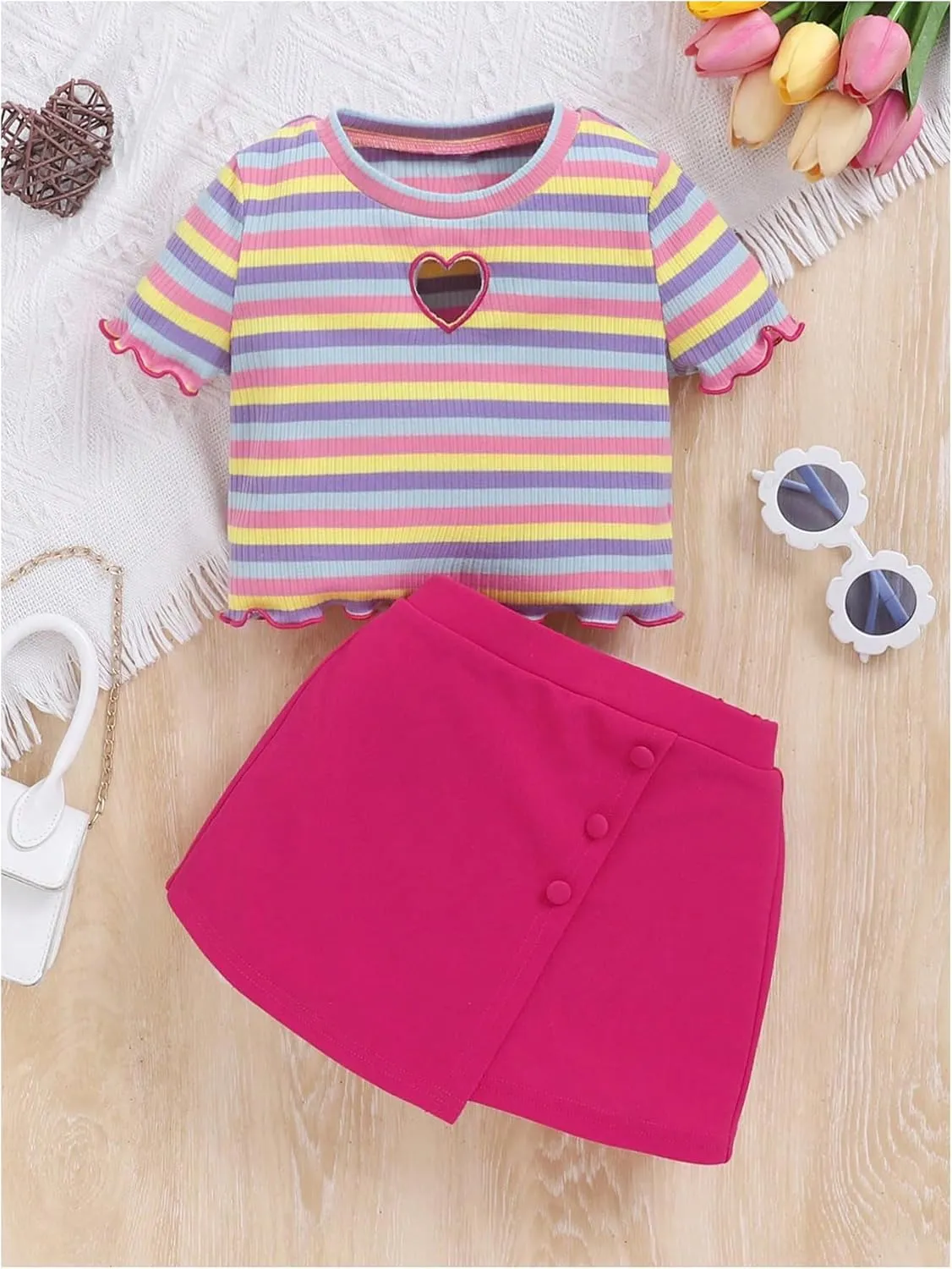 Floerns Women's Plus Size 2 Piece Outfits Striped Short Sleeve Tee with Asymmetrical Hem Mini Skort