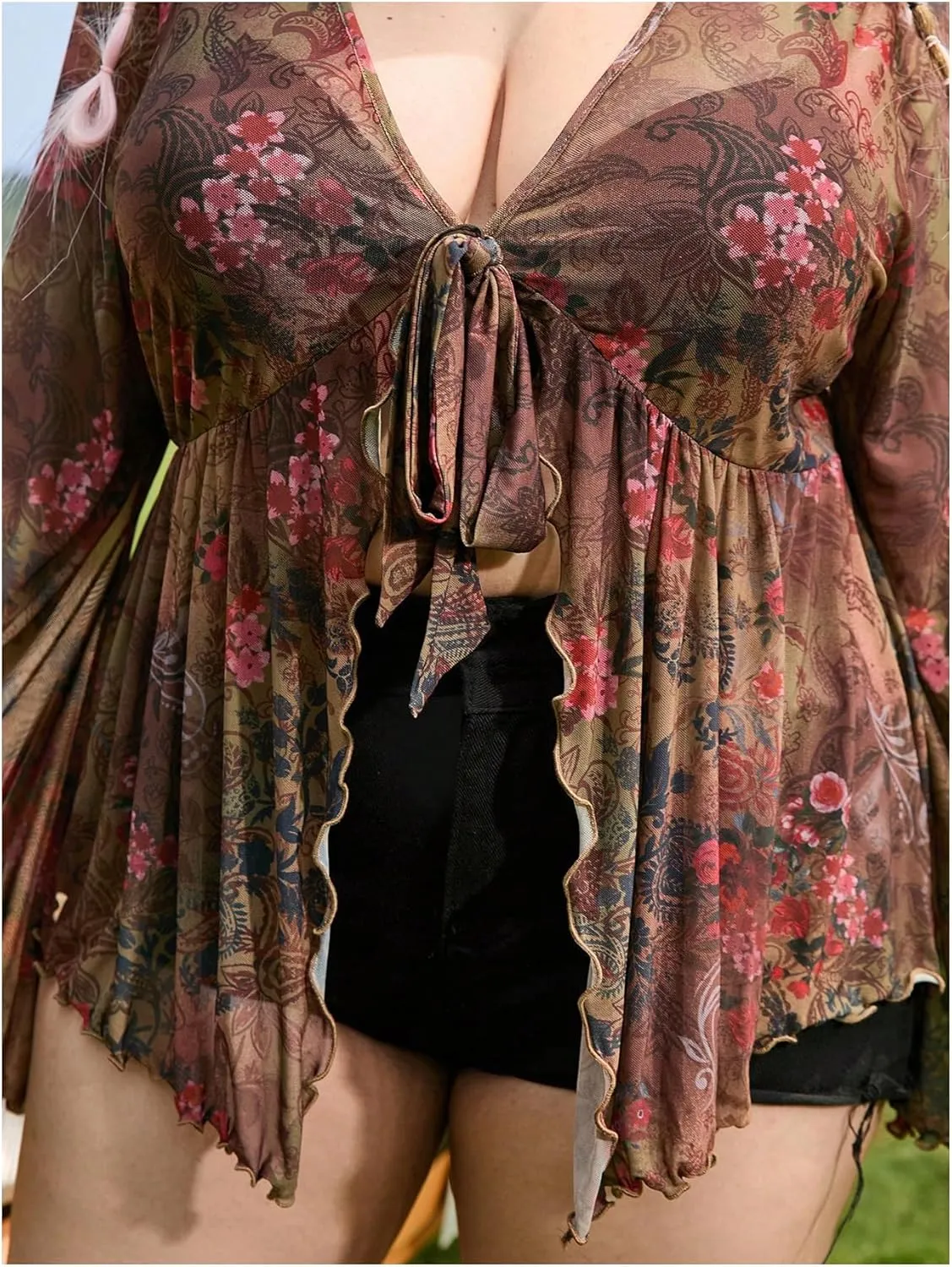 Floerns Women's Plus Size V Neck Flare Sleeve Tie Front Boho Peplum Tee Shirt
