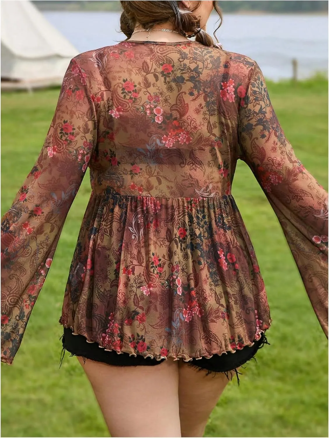 Floerns Women's Plus Size V Neck Flare Sleeve Tie Front Boho Peplum Tee Shirt