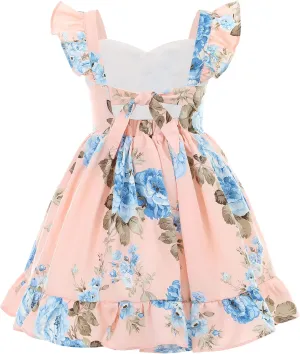 Flofallzique Summer Girls Floral Dress Ruffle Sleeve Tie Back Vintage Toddler Birthday Tea Party Dresses