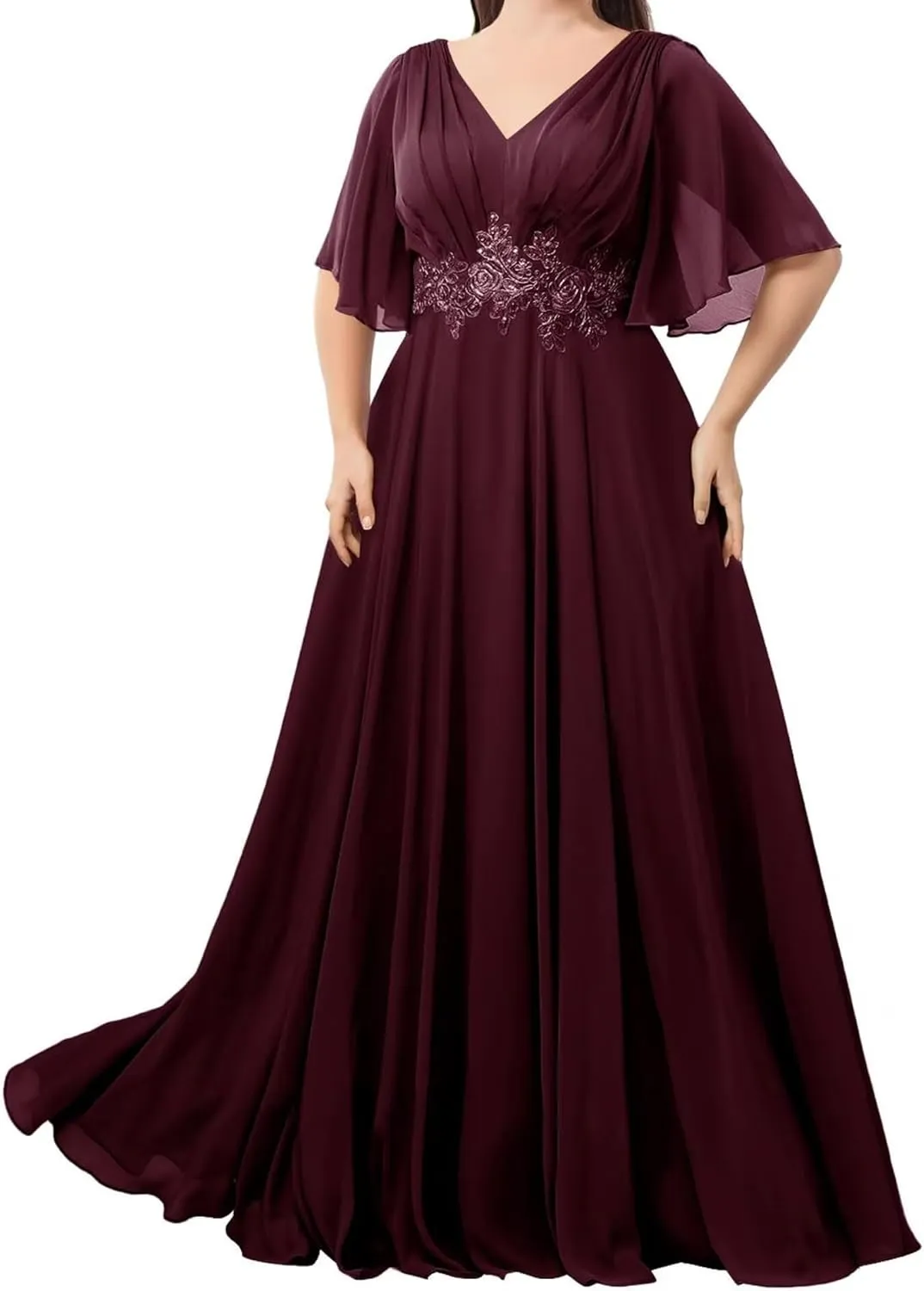 Floor Length Chiffon Mother of The Bride Dresses Flutter Sleeves A-Line Pleated Prom Dresses for Wedding Guest DR0732