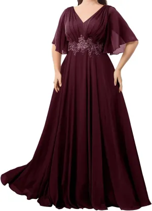 Floor Length Chiffon Mother of The Bride Dresses Flutter Sleeves A-Line Pleated Prom Dresses for Wedding Guest DR0732