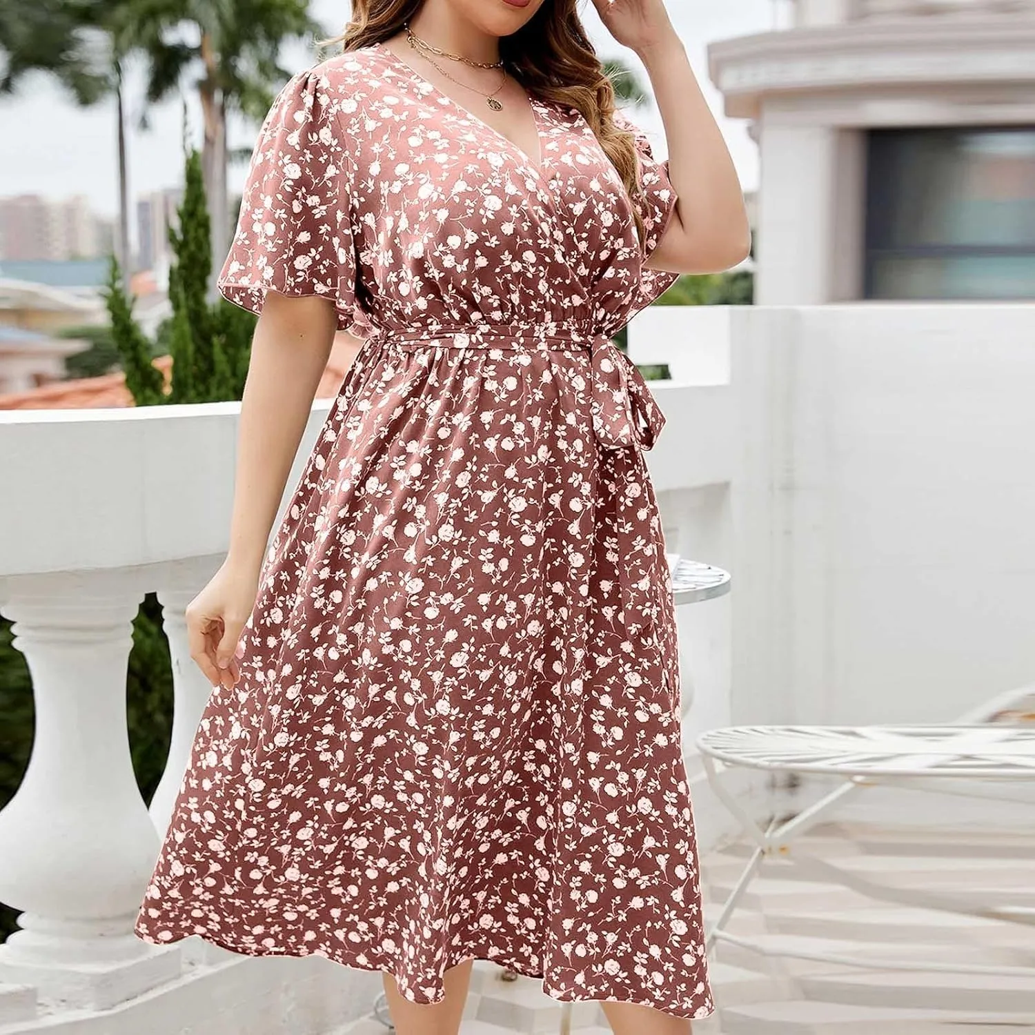 Floral Dress for Women 2024 Summer Puffy Short Sleeve V Neck Midi Dress Boho Beach Casual Flowy Wrap Dress Plus Size