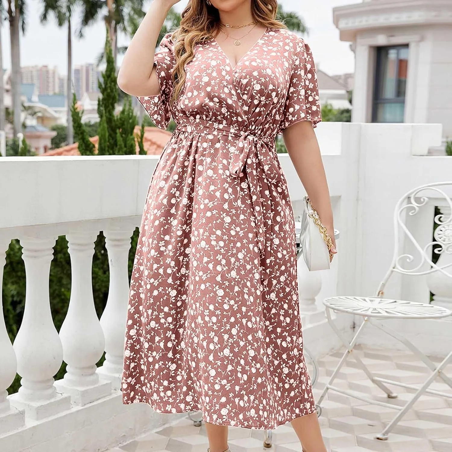 Floral Dress for Women 2024 Summer Puffy Short Sleeve V Neck Midi Dress Boho Beach Casual Flowy Wrap Dress Plus Size