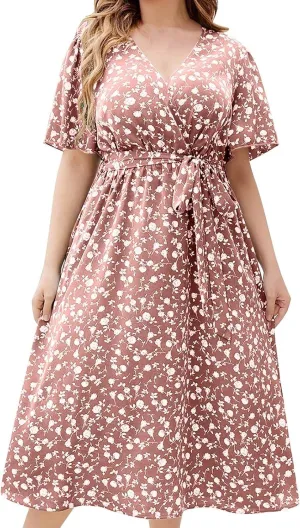 Floral Dress for Women 2024 Summer Puffy Short Sleeve V Neck Midi Dress Boho Beach Casual Flowy Wrap Dress Plus Size
