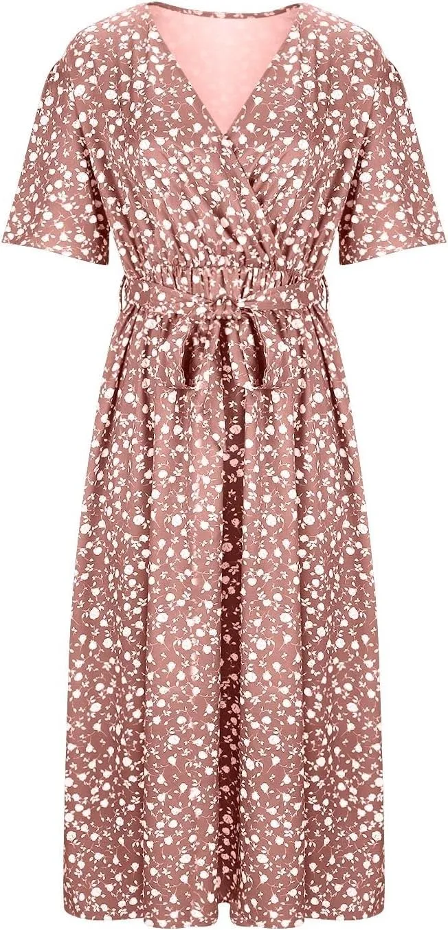 Floral Dress for Women 2024 Summer Puffy Short Sleeve V Neck Midi Dress Boho Beach Casual Flowy Wrap Dress Plus Size