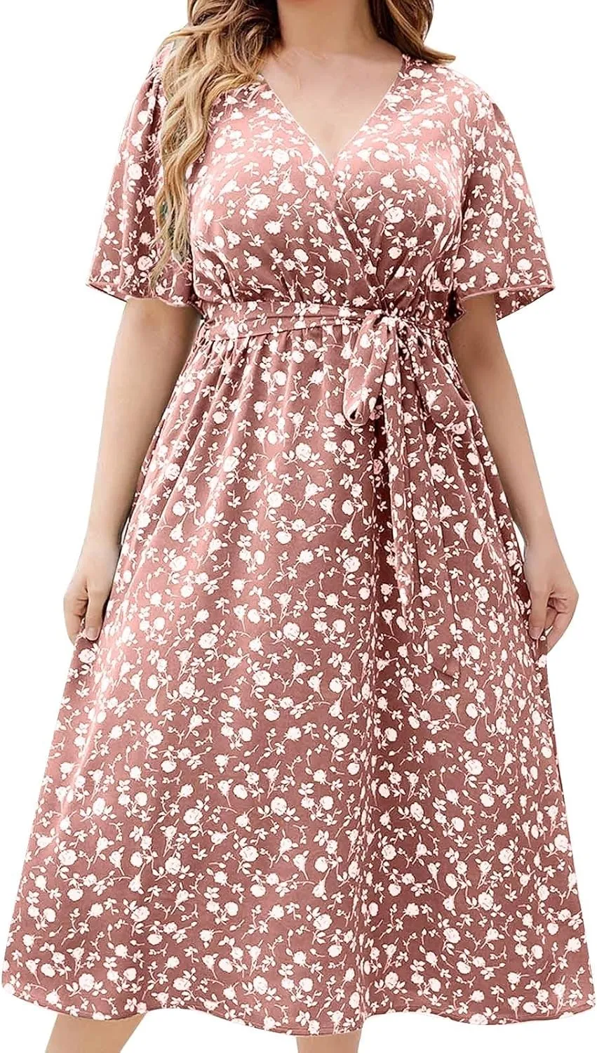 Floral Dress for Women 2024 Summer Puffy Short Sleeve V Neck Midi Dress Boho Beach Casual Flowy Wrap Dress Plus Size