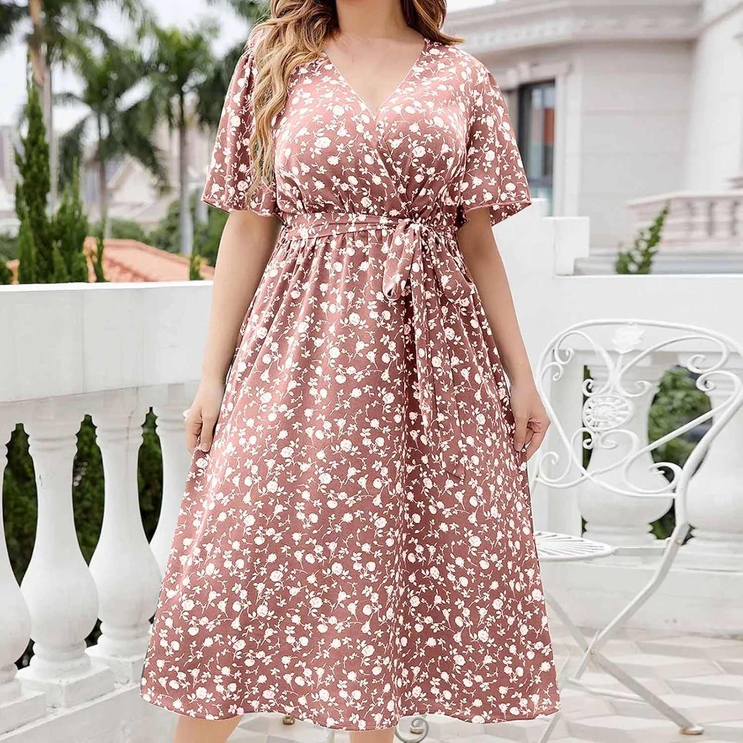 Floral Dress for Women 2024 Summer Puffy Short Sleeve V Neck Midi Dress Boho Beach Casual Flowy Wrap Dress Plus Size