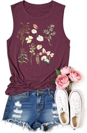 Flower Tank Top for Women Floral Tank Shirt Vintage Muscle Tank Sleeveless Blouses with Floral Tee Tops
