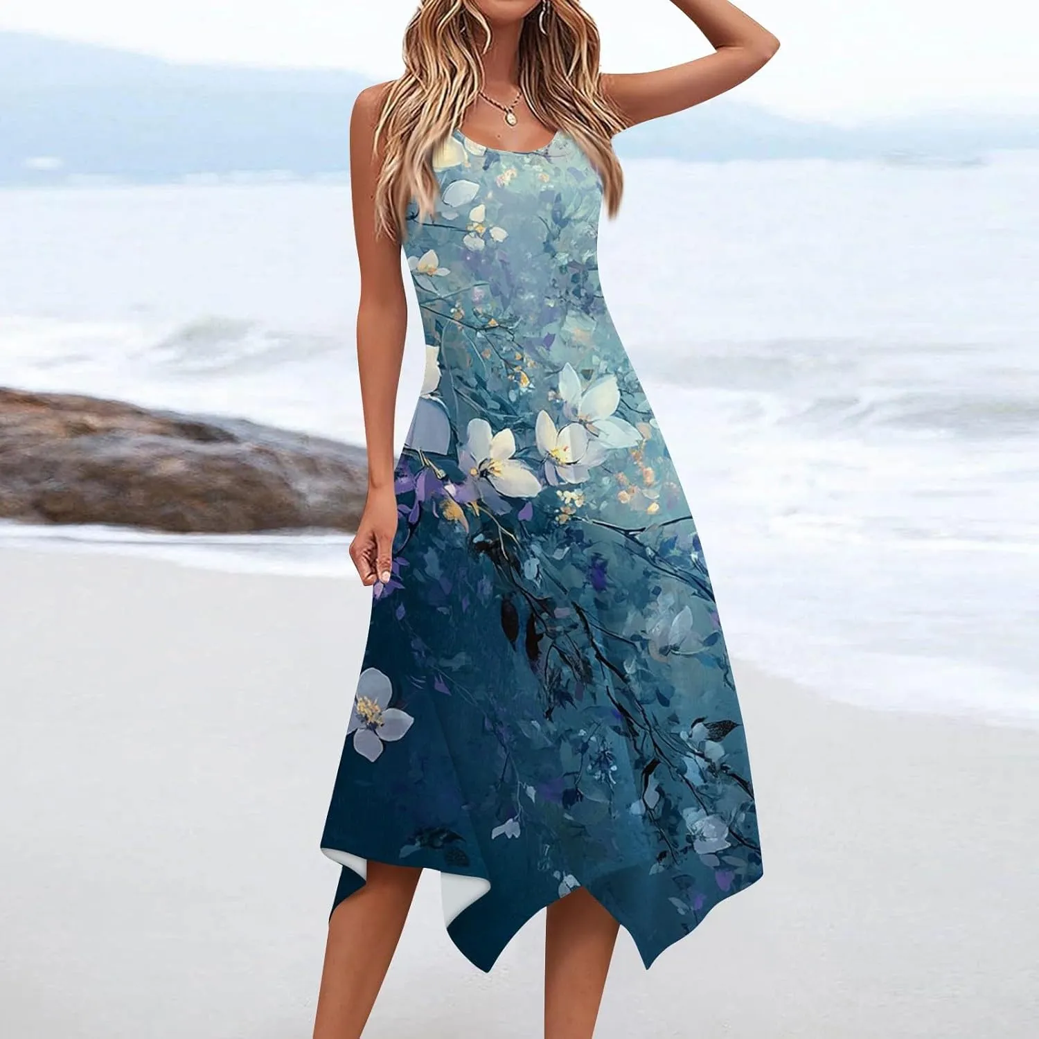 Flowy Dresses for Women Floral Summer U Neck Sleeveless Midi Dress Irregular Hem Boho Hawaiian Vacation Sundress