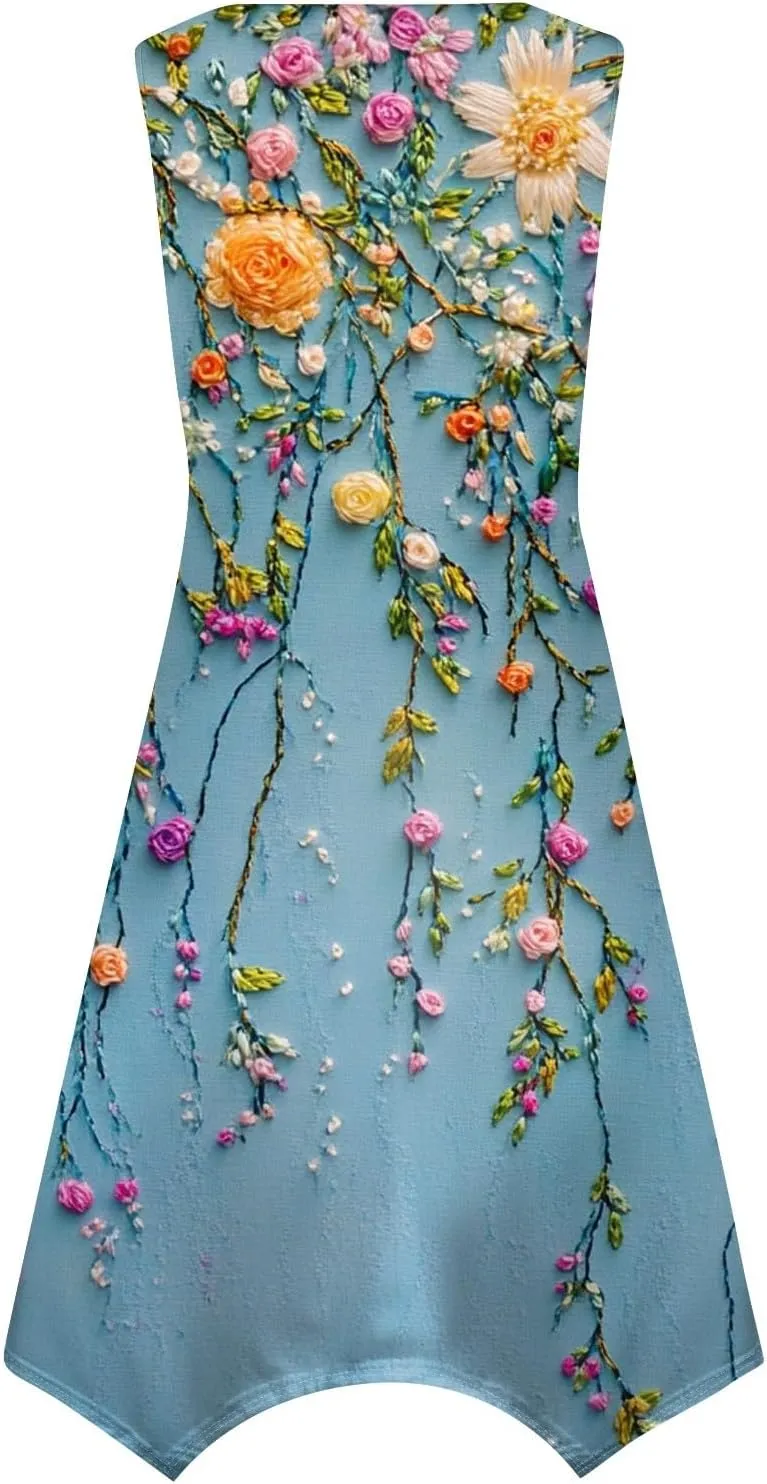 Flowy Dresses for Women Floral Summer U Neck Sleeveless Midi Dress Irregular Hem Boho Hawaiian Vacation Sundress