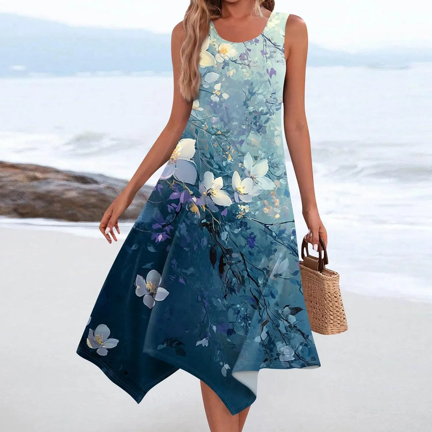 Flowy Dresses for Women Floral Summer U Neck Sleeveless Midi Dress Irregular Hem Boho Hawaiian Vacation Sundress
