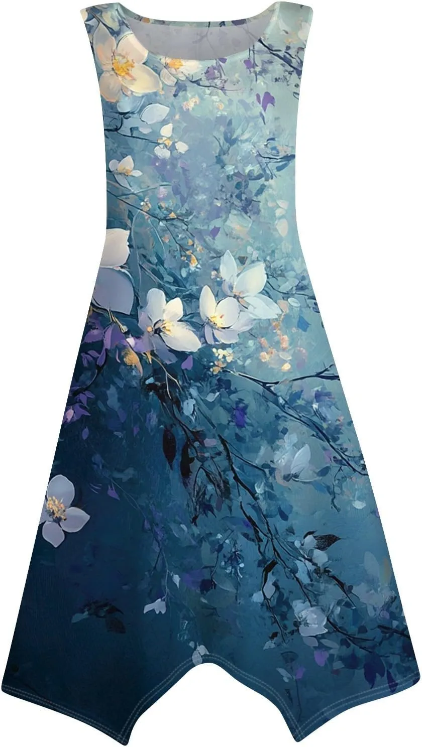 Flowy Dresses for Women Floral Summer U Neck Sleeveless Midi Dress Irregular Hem Boho Hawaiian Vacation Sundress