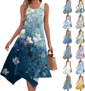 Flowy Dresses for Women Floral Summer U Neck Sleeveless Midi Dress Irregular Hem Boho Hawaiian Vacation Sundress