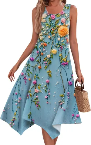 Flowy Dresses for Women Floral Summer U Neck Sleeveless Midi Dress Irregular Hem Boho Hawaiian Vacation Sundress
