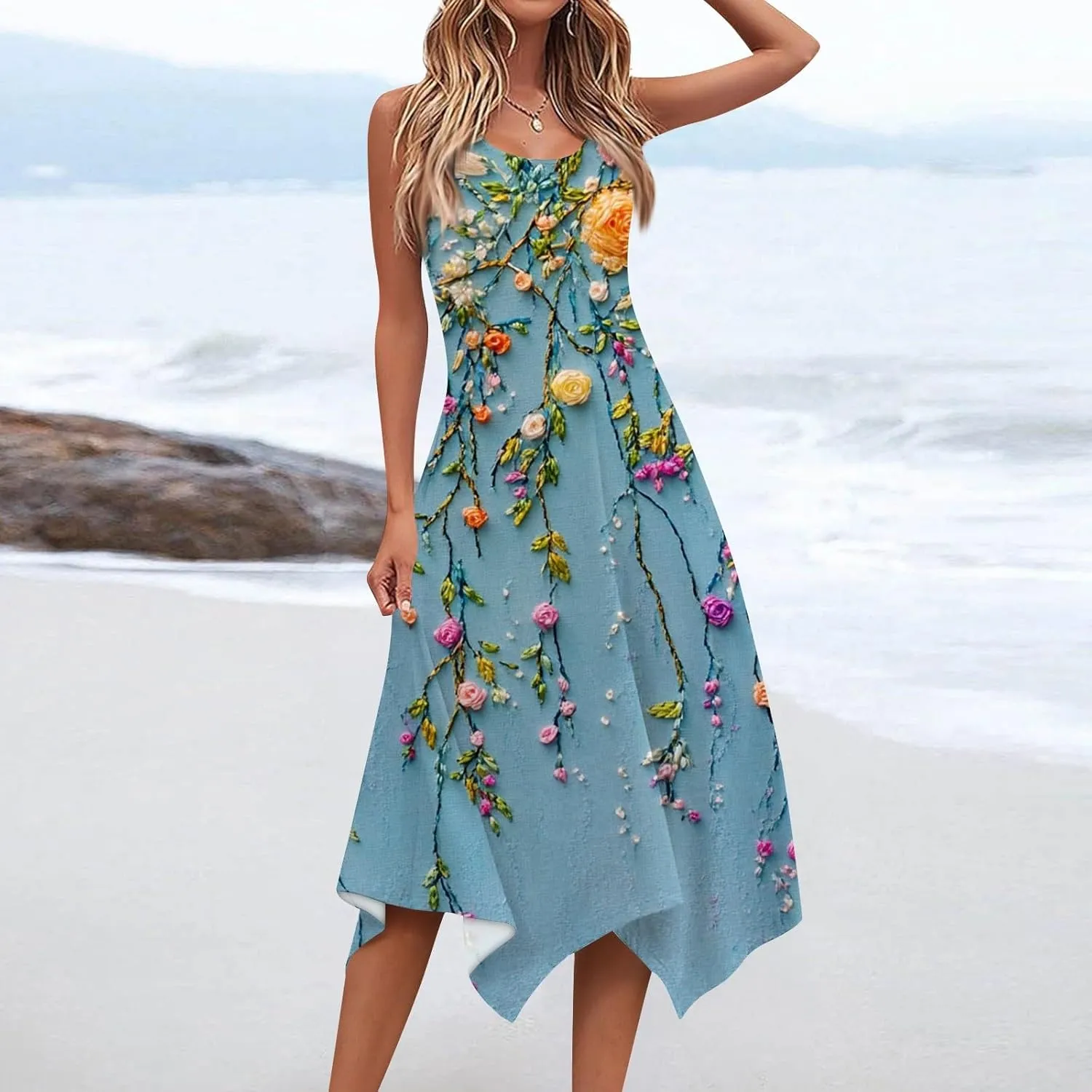 Flowy Dresses for Women Floral Summer U Neck Sleeveless Midi Dress Irregular Hem Boho Hawaiian Vacation Sundress