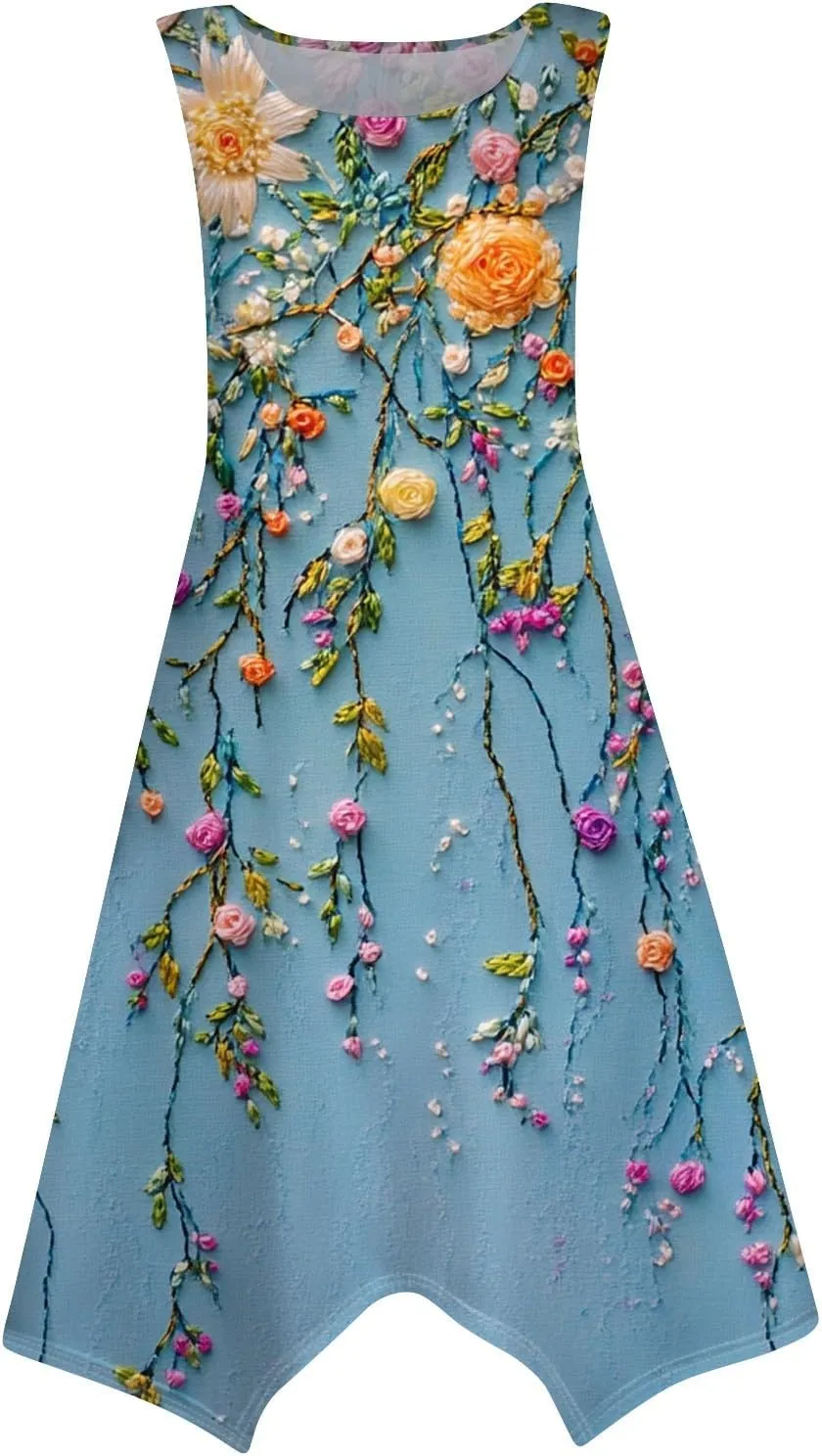 Flowy Dresses for Women Floral Summer U Neck Sleeveless Midi Dress Irregular Hem Boho Hawaiian Vacation Sundress