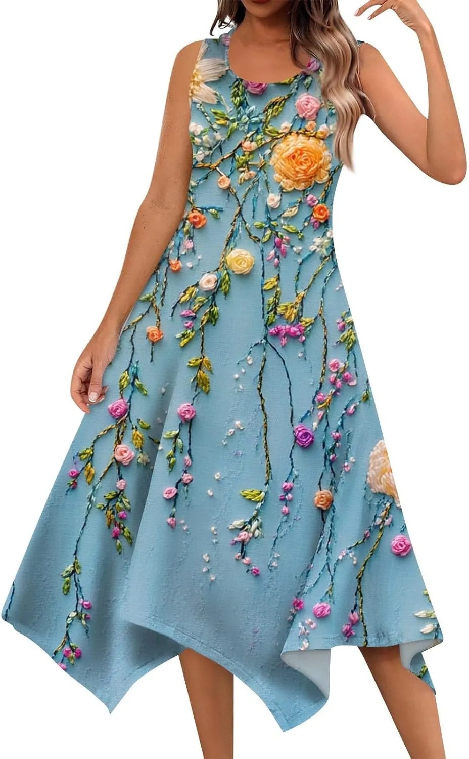 Flowy Dresses for Women Floral Summer U Neck Sleeveless Midi Dress Irregular Hem Boho Hawaiian Vacation Sundress