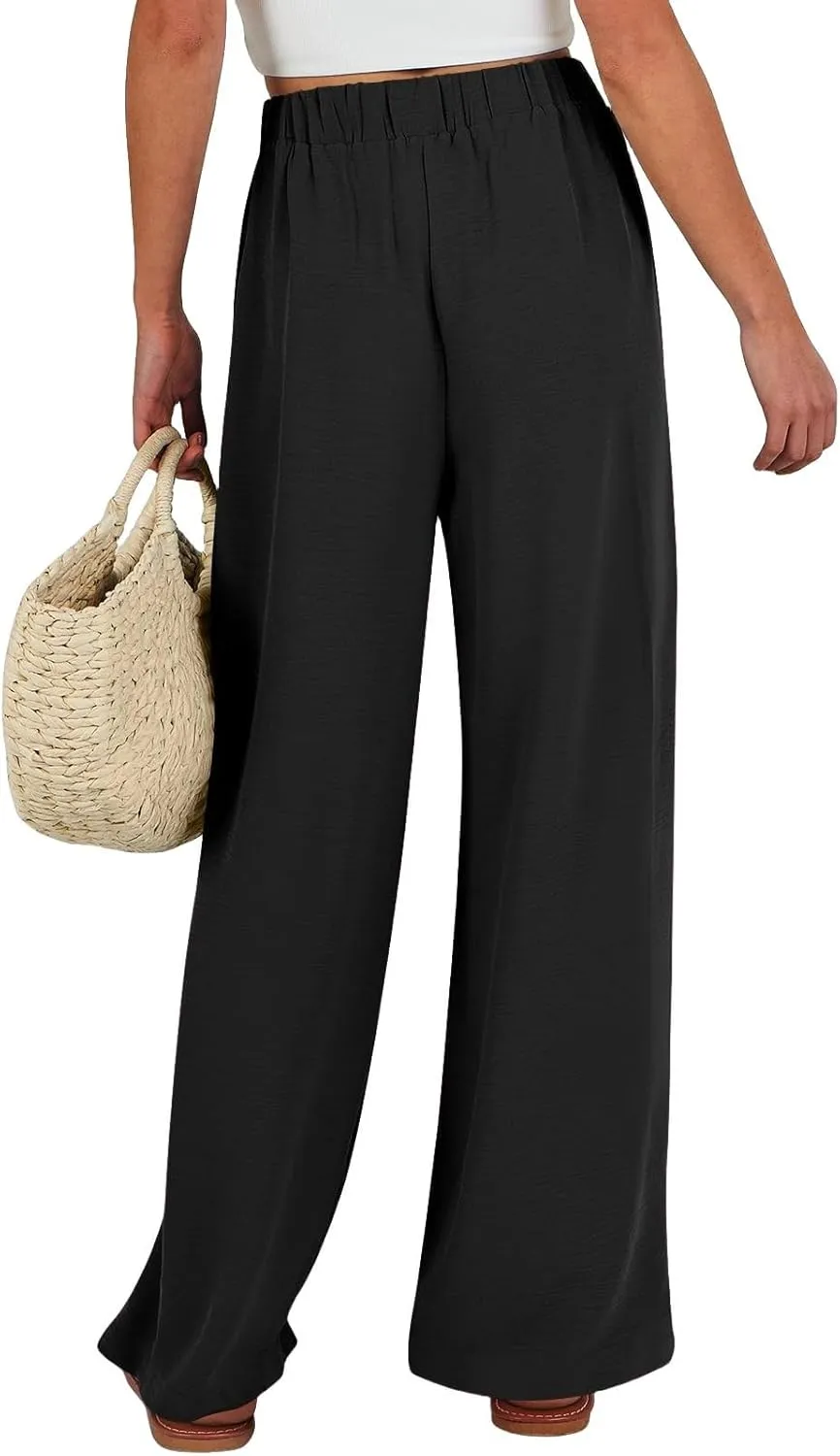 Flowy Linen Pants Women Wide Leg Tie Knot Palazzo Pants Loose Beach Pants High Waisted Trousers with Pockets