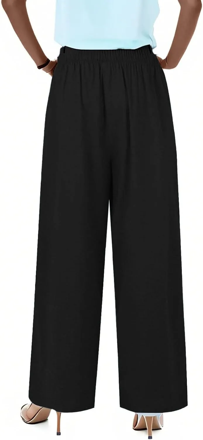 Flowy Wide Leg Linen Pants Women Summer Baggy Beach Vacation Palazzo Pants Casual High Waisted Pants with Pockets
