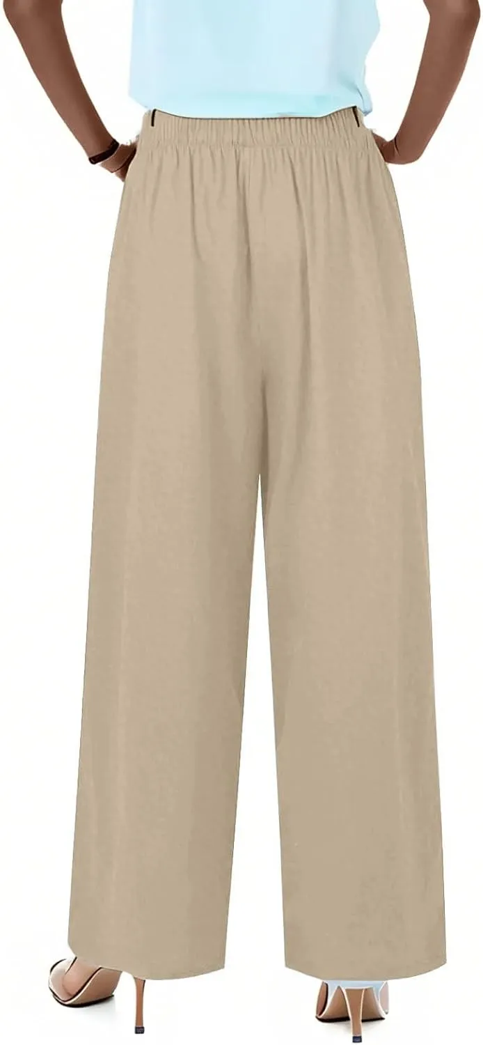 Flowy Wide Leg Linen Pants Women Summer Baggy Beach Vacation Palazzo Pants Casual High Waisted Pants with Pockets