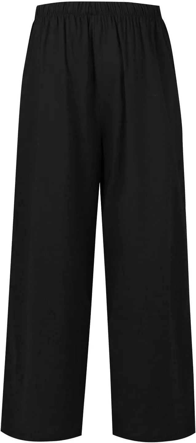 Flowy Wide Leg Linen Pants Women Summer Baggy Beach Vacation Palazzo Pants Casual High Waisted Pants with Pockets