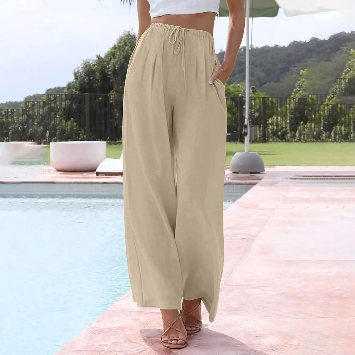 Flowy Wide Leg Linen Pants Women Summer Baggy Beach Vacation Palazzo Pants Casual High Waisted Pants with Pockets