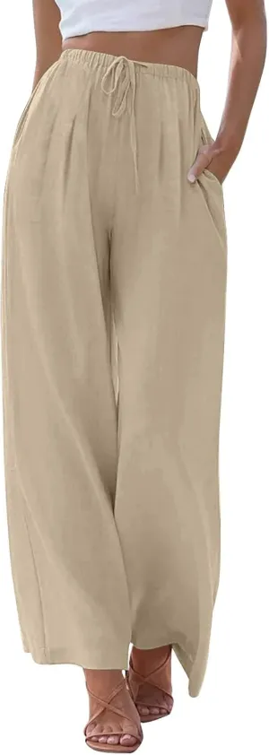 Flowy Wide Leg Linen Pants Women Summer Baggy Beach Vacation Palazzo Pants Casual High Waisted Pants with Pockets