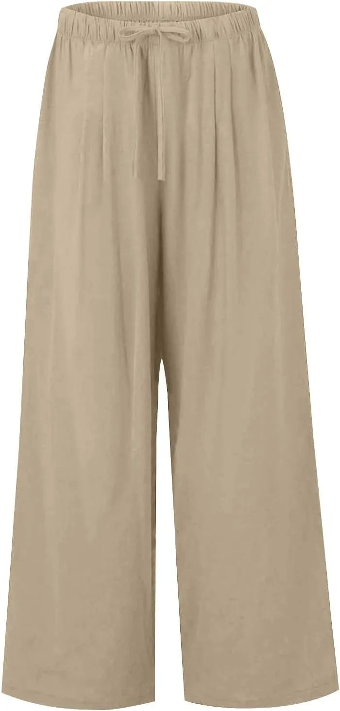 Flowy Wide Leg Linen Pants Women Summer Baggy Beach Vacation Palazzo Pants Casual High Waisted Pants with Pockets