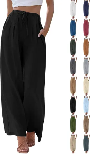 Flowy Wide Leg Linen Pants Women Summer Baggy Beach Vacation Palazzo Pants Casual High Waisted Pants with Pockets