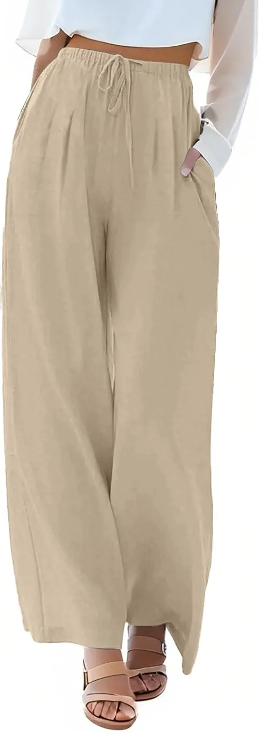 Flowy Wide Leg Linen Pants Women Summer Baggy Beach Vacation Palazzo Pants Casual High Waisted Pants with Pockets