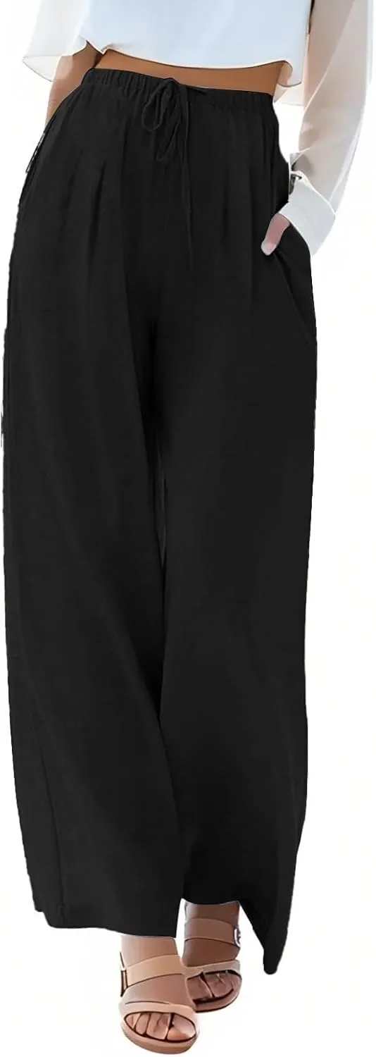 Flowy Wide Leg Linen Pants Women Summer Baggy Beach Vacation Palazzo Pants Casual High Waisted Pants with Pockets