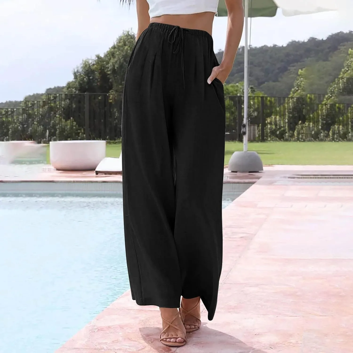 Flowy Wide Leg Linen Pants Women Summer Baggy Beach Vacation Palazzo Pants Casual High Waisted Pants with Pockets