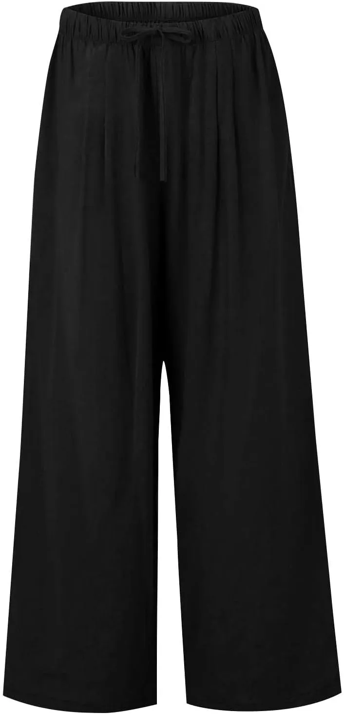 Flowy Wide Leg Linen Pants Women Summer Baggy Beach Vacation Palazzo Pants Casual High Waisted Pants with Pockets