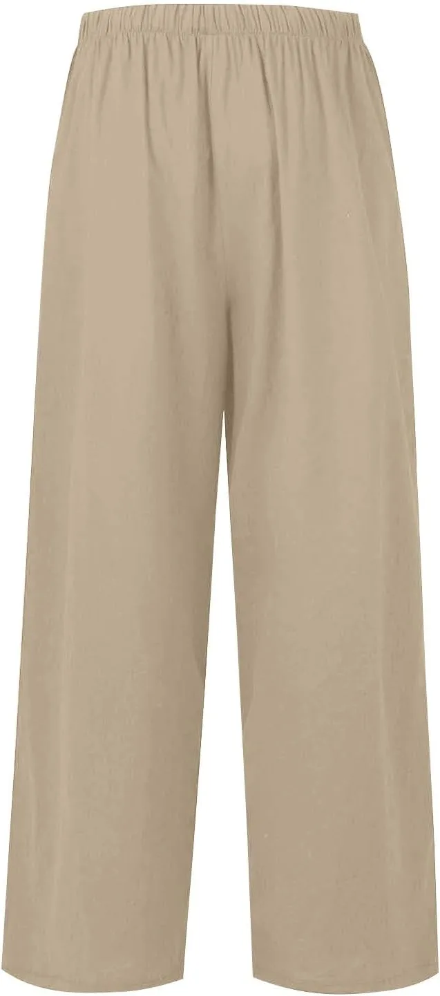 Flowy Wide Leg Linen Pants Women Summer Baggy Beach Vacation Palazzo Pants Casual High Waisted Pants with Pockets