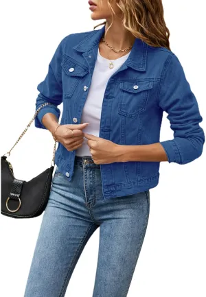 FOMOYUU Women's Cropped Denim Jacket Button Down Long Sleeve Vintage Casual Jean Coat Classic Trucker Jacket Outerwear