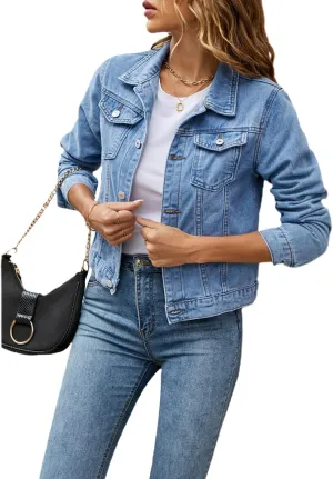 FOMOYUU Women's Cropped Denim Jacket Button Down Long Sleeve Vintage Casual Jean Coat Classic Trucker Jacket Outerwear