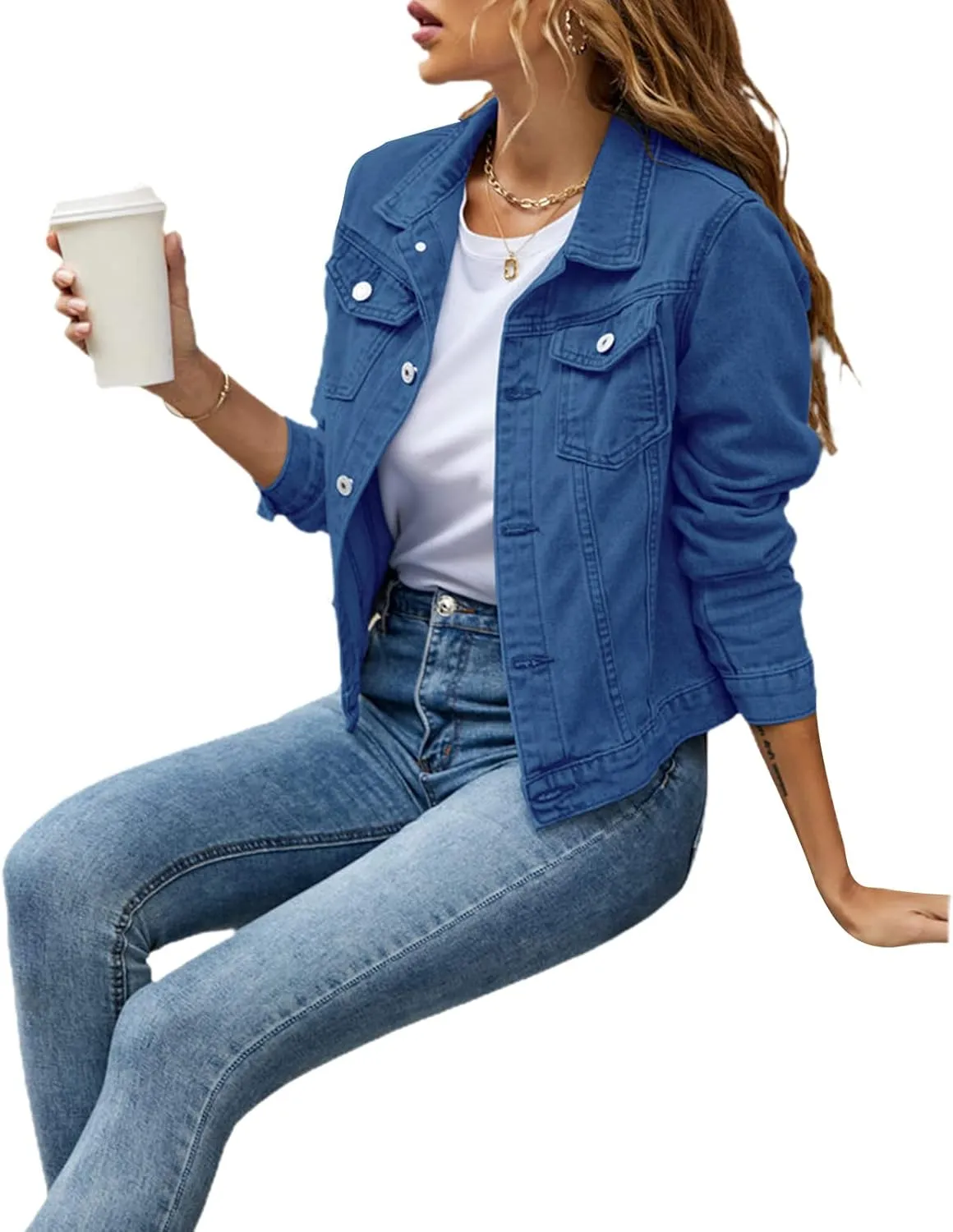 FOMOYUU Women's Cropped Denim Jacket Button Down Long Sleeve Vintage Casual Jean Coat Classic Trucker Jacket Outerwear