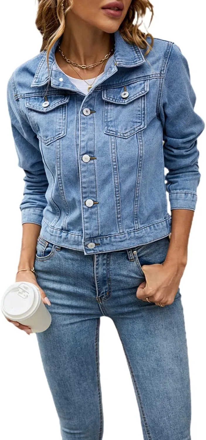 FOMOYUU Women's Cropped Denim Jacket Button Down Long Sleeve Vintage Casual Jean Coat Classic Trucker Jacket Outerwear