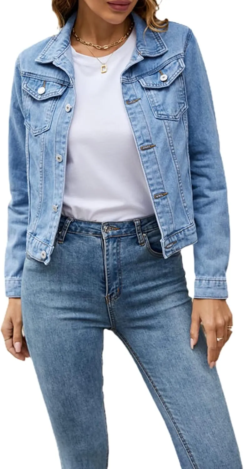 FOMOYUU Women's Cropped Denim Jacket Button Down Long Sleeve Vintage Casual Jean Coat Classic Trucker Jacket Outerwear