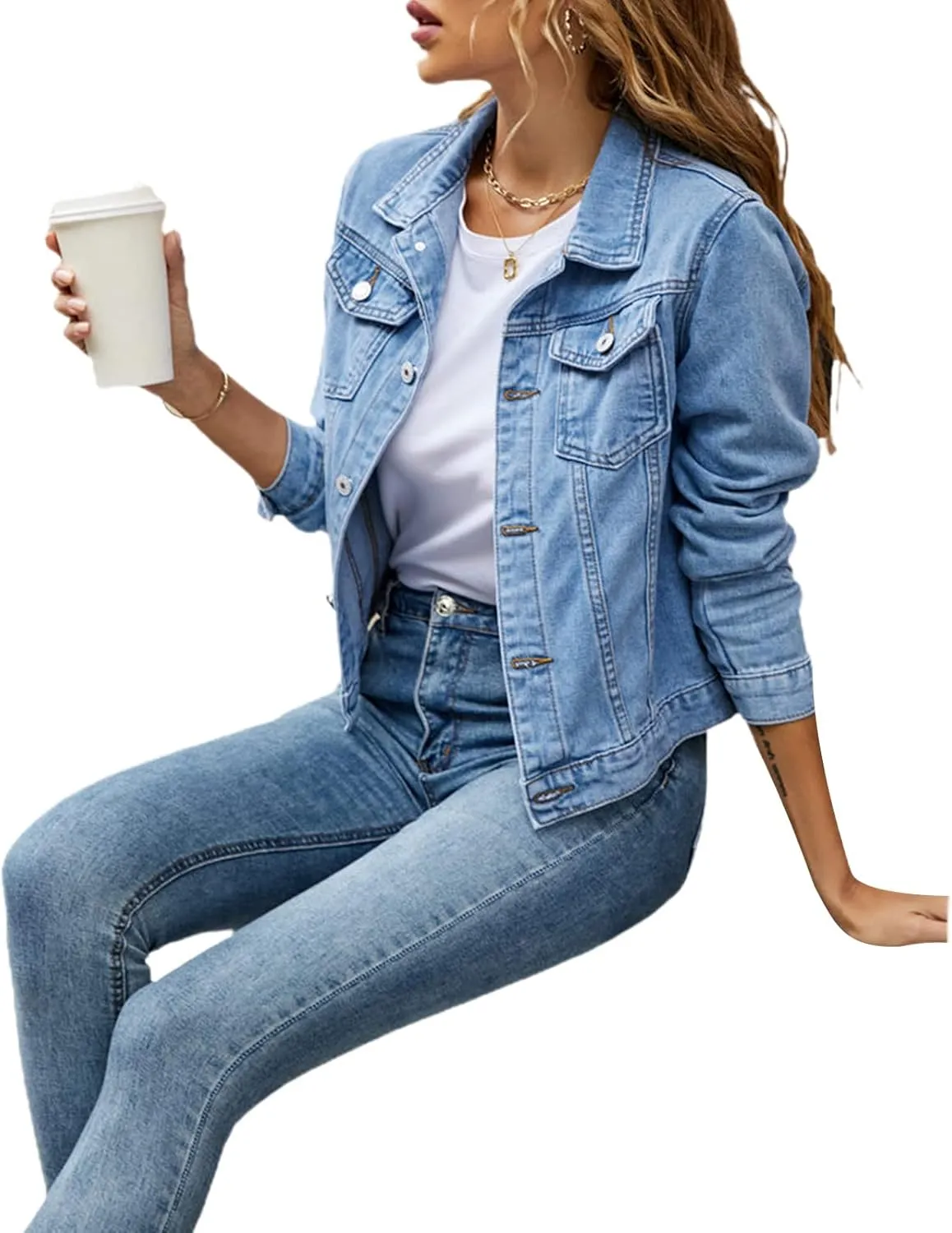 FOMOYUU Women's Cropped Denim Jacket Button Down Long Sleeve Vintage Casual Jean Coat Classic Trucker Jacket Outerwear