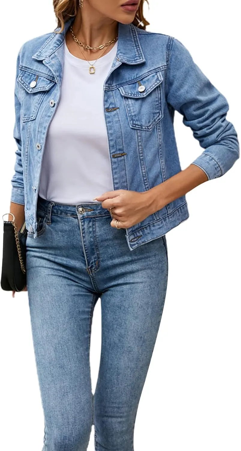 FOMOYUU Women's Cropped Denim Jacket Button Down Long Sleeve Vintage Casual Jean Coat Classic Trucker Jacket Outerwear