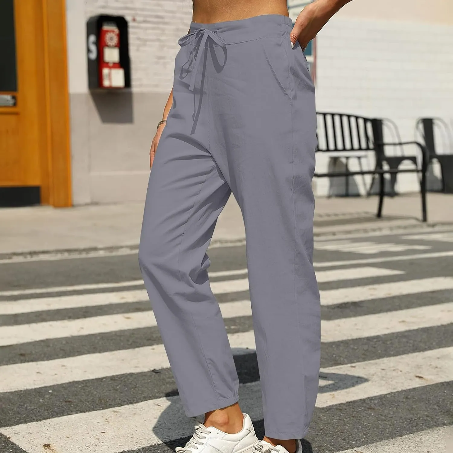 FZYLQY 2025 Linen Pants for Women Summer Casual High Waisted Drawstring Beach Pants Trendy Solid Color Trousers with Pockets
