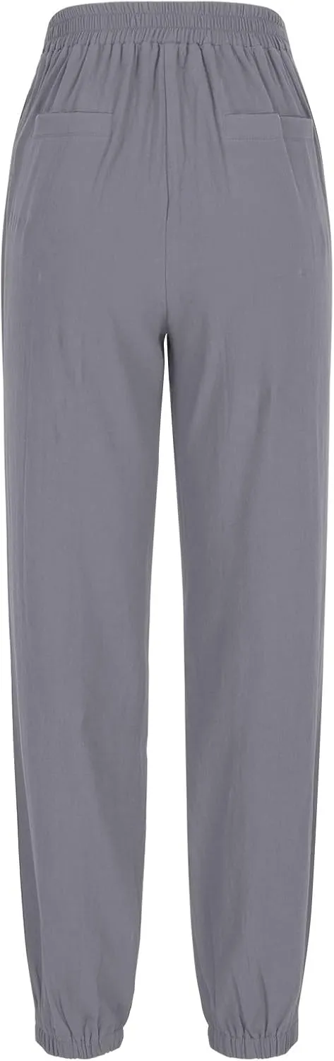 FZYLQY 2025 Linen Pants for Women Summer Casual High Waisted Drawstring Beach Pants Trendy Solid Color Trousers with Pockets