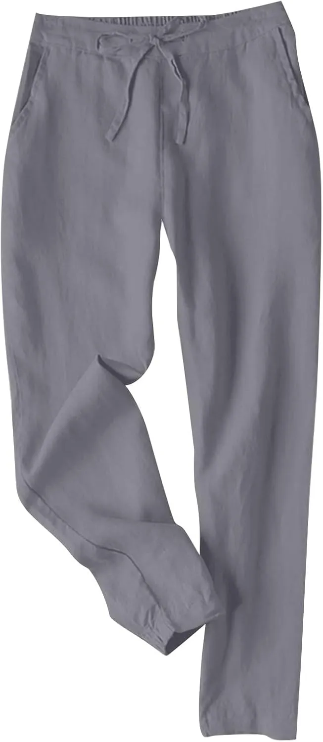 FZYLQY 2025 Linen Pants for Women Summer Casual High Waisted Drawstring Beach Pants Trendy Solid Color Trousers with Pockets