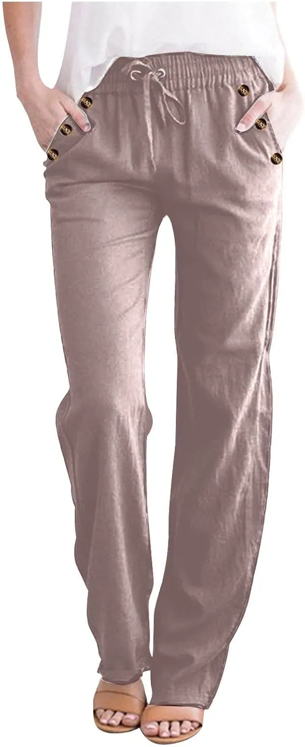 FZYLQY 2PC Womens Casual Loose Elastic Waist Linen Pants 2025 Loose Fit Trousers with Pockets Loose Flowy Yoga Sweatpants