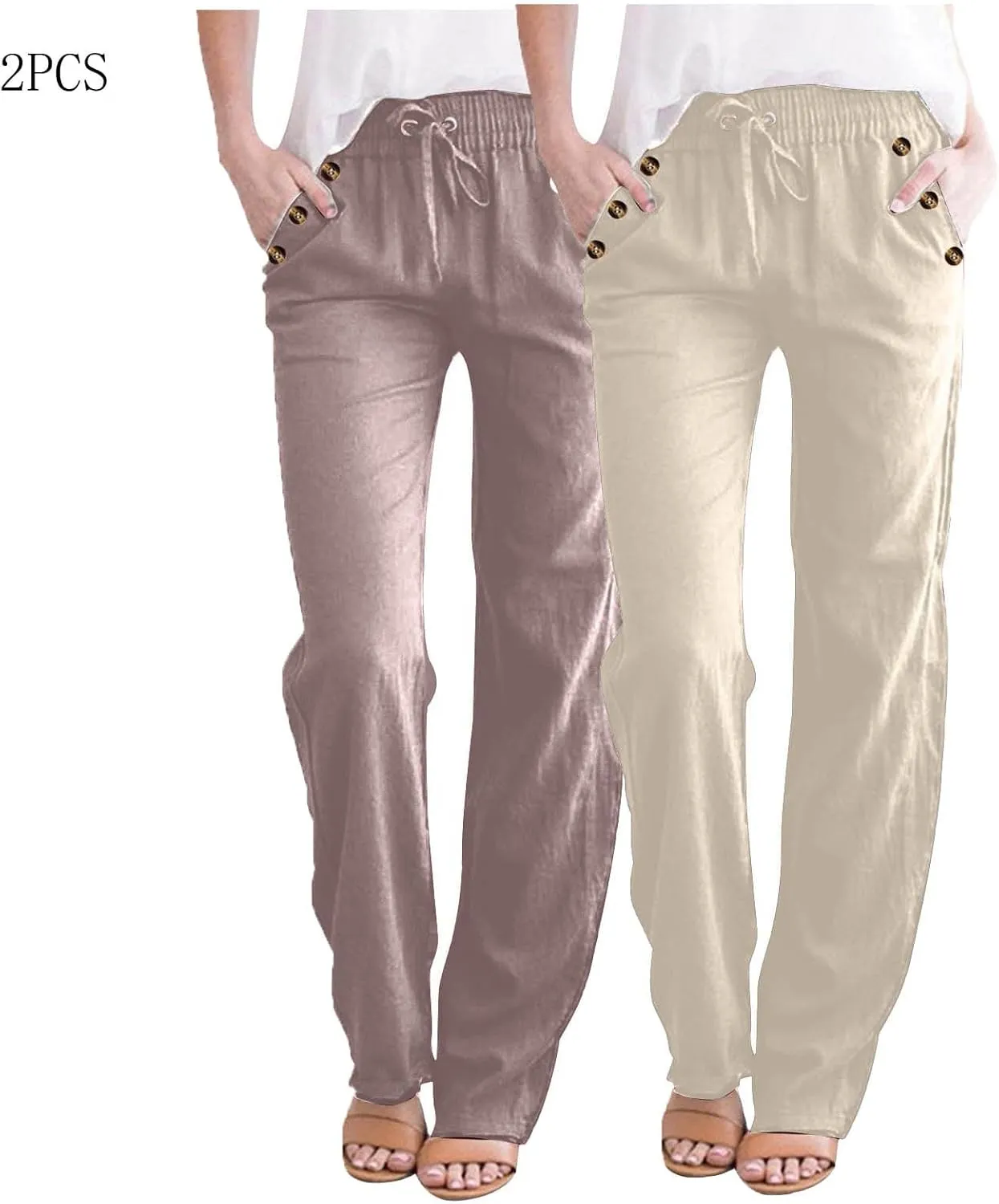 FZYLQY 2PC Womens Casual Loose Elastic Waist Linen Pants 2025 Loose Fit Trousers with Pockets Loose Flowy Yoga Sweatpants
